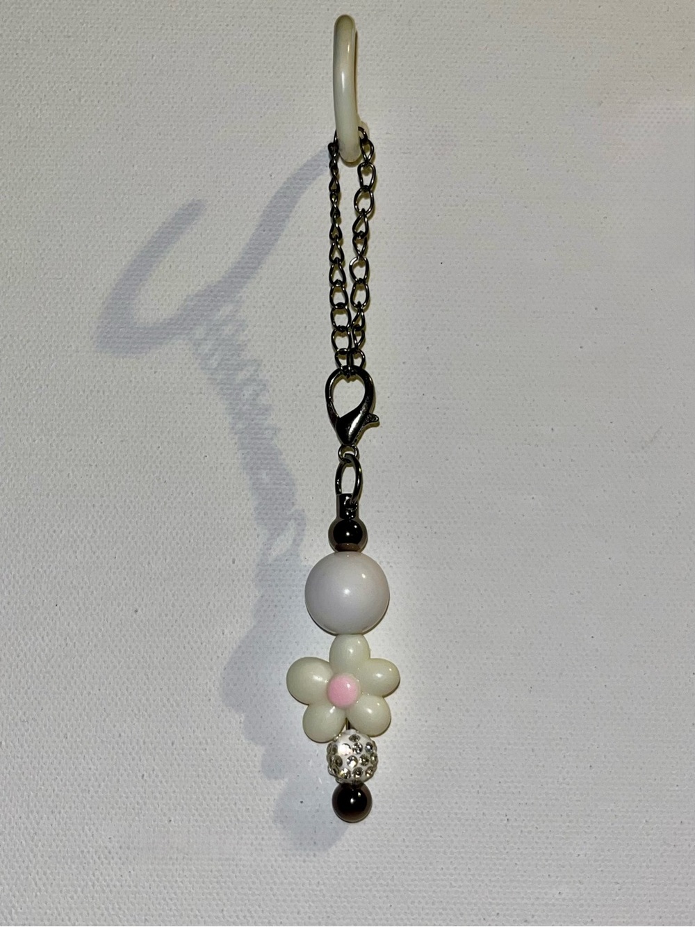 Ivory, White & Pink Floral Bead Cup Charm w/Rhinestone Accents